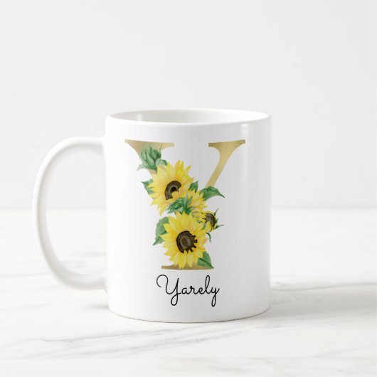 Monogram Goud Zonnebloem Bloemen Initiaal Y Koffiemok (Links)