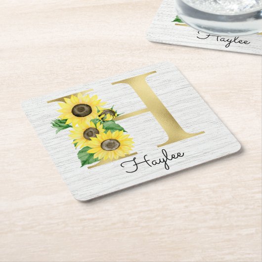 Monogram Goud Zonnebloemen Initiaal H Kartonnen Onderzetters (Schuin)