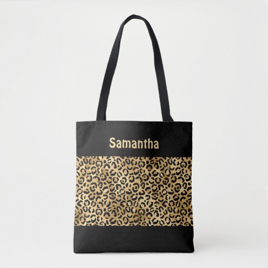 Monogram Goud Zwart Leopard Print Cheetah Dier Tote Bag (Voorkant)