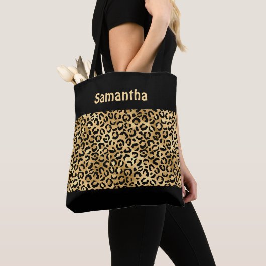 Monogram Goud Zwart Leopard Print Cheetah Dier Tote Bag (Dichtbij)