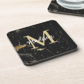 Monogram Goud Zwart Marmer Bier Onderzetter (Linkerzijde)