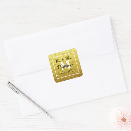 Monogram Goud Zwart Mr Mrs. Year Trouwpapier Vierkante Sticker (Envelop)