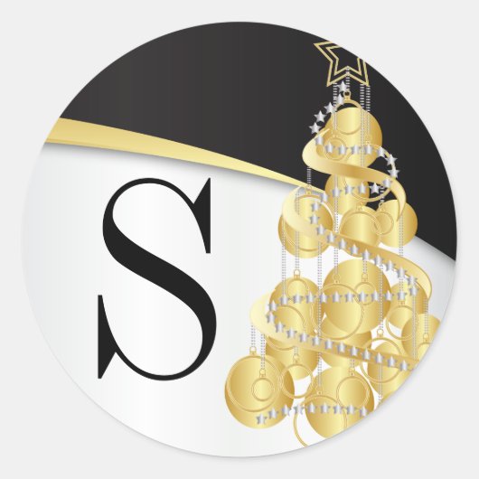 Monogram Goud & Zwart Vrolijk Kerstfeest Ronde Sticker (Voorkant)