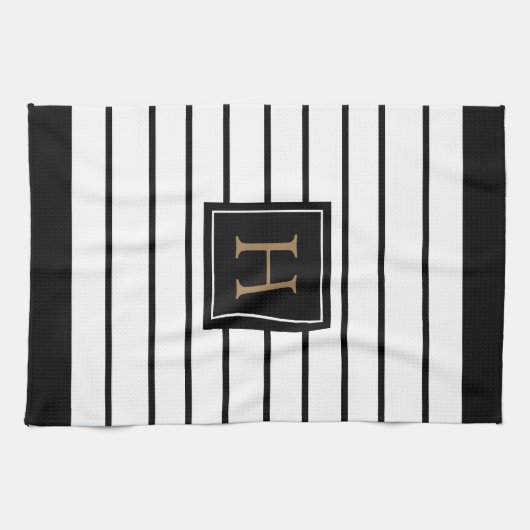 Monogram Goud Zwart-Wit Gestreept Theedoek (Horizontaal)