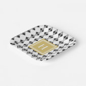 Monogram goud zwart wit harlequin patroon papieren bordje (Gebogen)