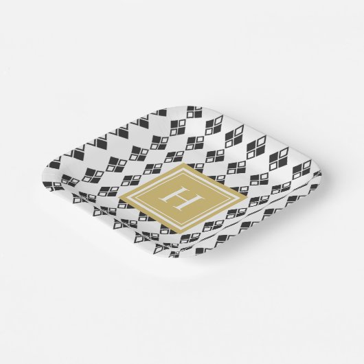 Monogram goud zwart wit harlequin patroon papieren bordje (Gebogen)