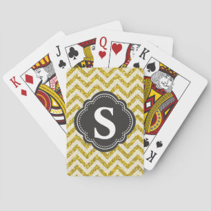 Monogram Goud & Zwarte Nep Glitter Chevron   Pokerkaarten