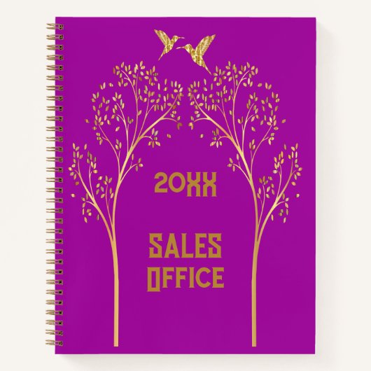 Monogram Goudbomen met Vogels op Paarse | Notitieboek (Voorkant)