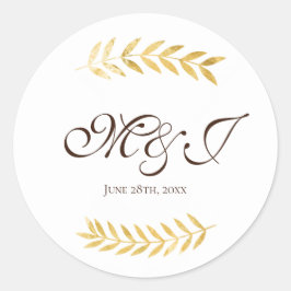 Monogram gouden bladeren takken en donkerbruin ronde sticker