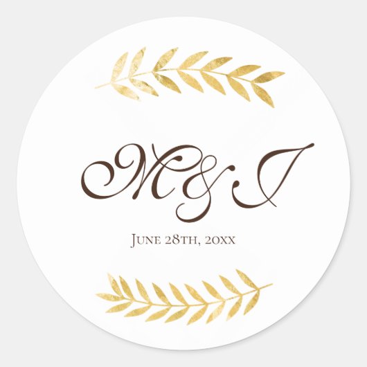 Monogram gouden bladeren takken en donkerbruin ronde sticker (Voorkant)