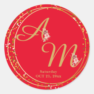 Monogram Gouden Bloem Minimaal Wit Ronde Sticker
