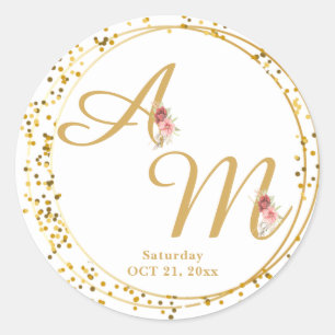 Monogram Gouden Bloem Minimaal Wit Ronde Sticker