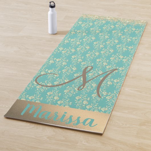 Monogram Gouden Bloemen op Groene Blauwgroen Douan Yogamat (In situ)