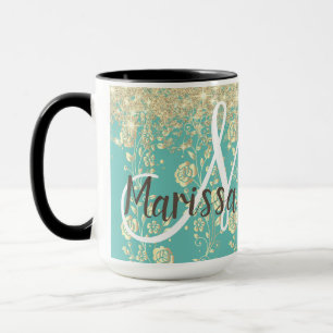 Monogram Gouden Bloemen op Groene Blauwgroen Glitt Mok