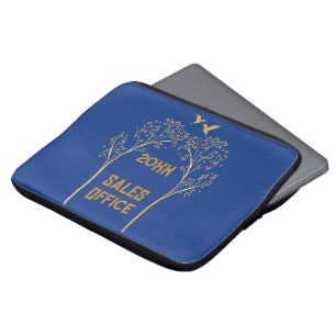 Monogram Gouden Bomen met Vogels op Blauw   Laptop Sleeve