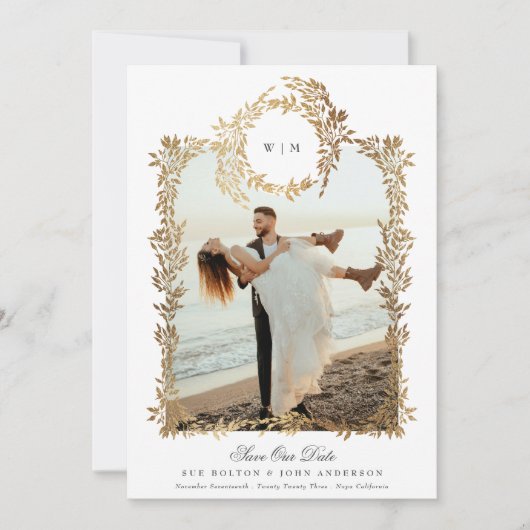 Monogram Gouden Botanische krans Foto Lijst Bruilo Save The Date (Voorkant)
