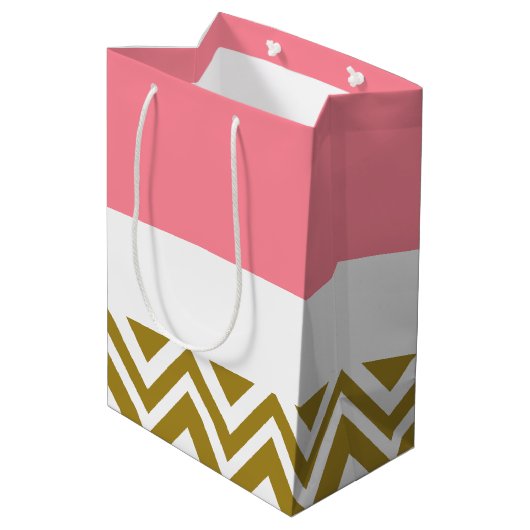 Monogram Gouden Chevron met Roze Nautische Bruid Medium Cadeauzakje (Achterkant Gekanteld)