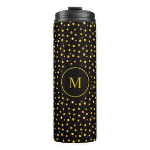 Monogram & Gouden Confetti op Zwart Thermosbeker