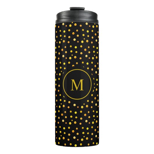 Monogram & Gouden Confetti op Zwart Thermosbeker (Voorkant)