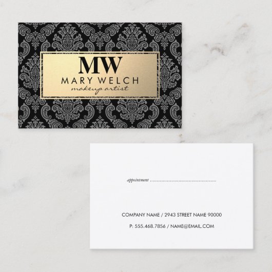 Monogram gouden damast patroon gouden Lijst Afsprakenkaartje (Voorkant / Achterkant)