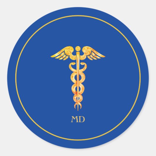 Monogram & Gouden Dokter op Blauw Ronde Sticker (Voorkant)