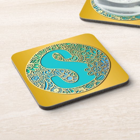 Monogram gouden en turquoise S en kleurrijke bloem Bier Onderzetter (Linkerzijde)