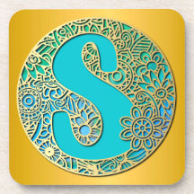 Monogram gouden en turquoise S en kleurrijke bloem