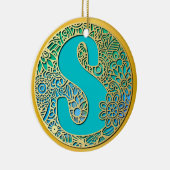 Monogram gouden en turquoise S en kleurrijke bloem Keramisch Ornament (Rechts)