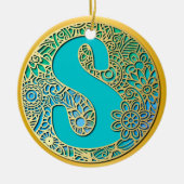 Monogram gouden en turquoise S en kleurrijke bloem Keramisch Ornament (Voorkant)