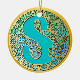 Monogram gouden en turquoise S en kleurrijke bloem Keramisch Ornament
