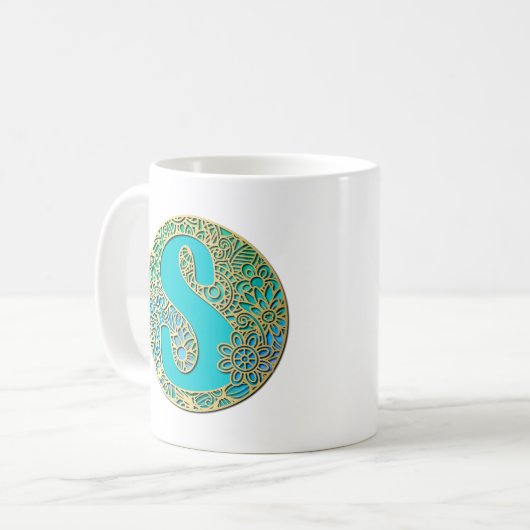 Monogram gouden en turquoise S en kleurrijke bloem Koffiemok (Voorkant links)