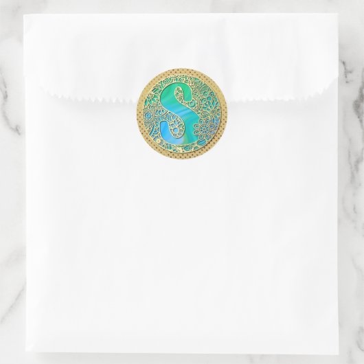 Monogram gouden en turquoise S en kleurrijke bloem Ronde Sticker (Tas)