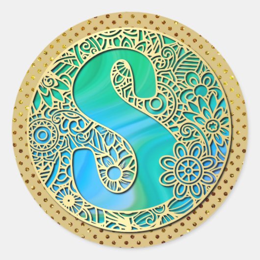 Monogram gouden en turquoise S en kleurrijke bloem Ronde Sticker (Voorkant)