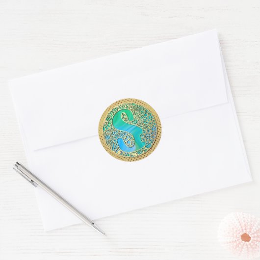 Monogram gouden en turquoise S en kleurrijke bloem Ronde Sticker (Envelop)