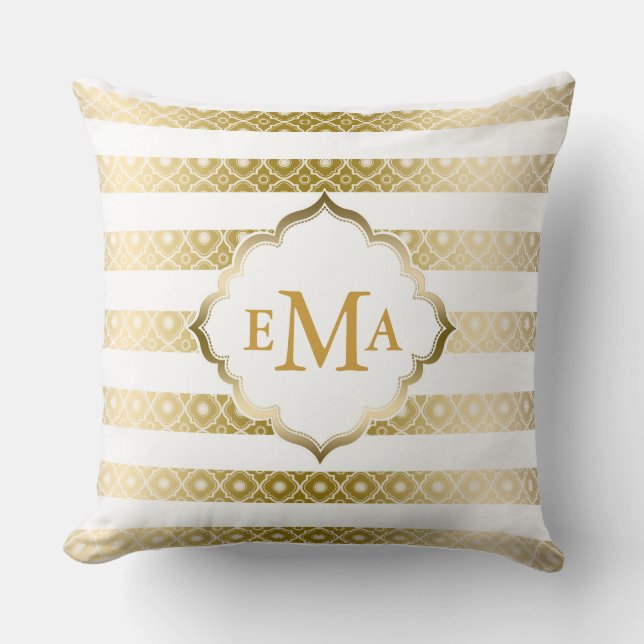 Monogram Gouden en Witte Strepen & Quatrefoil Kussen (Voorkant)