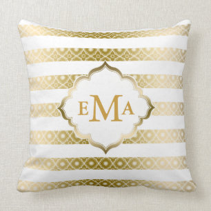 Monogram Gouden en Witte Strepen & Quatrefoil Kussen