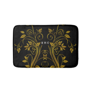 Monogram Gouden en Zwarte Bloemen Swirl Badmat