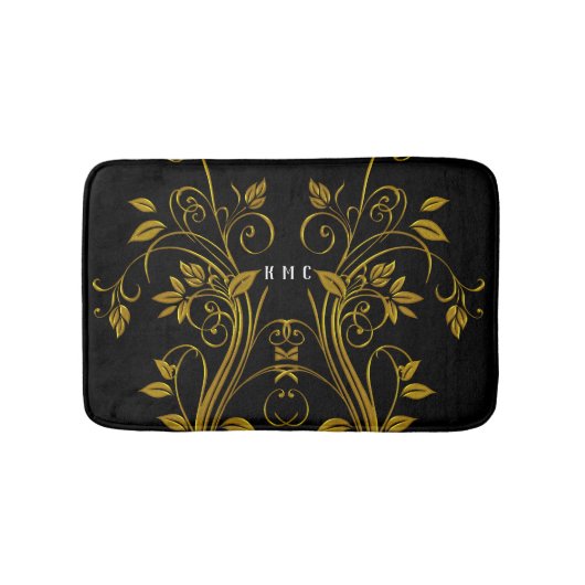 Monogram Gouden en Zwarte Bloemen Swirl Badmat (Voorkant)