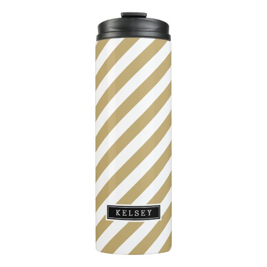 Monogram gouden en zwarte preppy Stripes Thermosbeker (Voorkant)