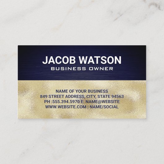 Monogram | Gouden Folie | Blauwe Metallic Textuur Visitekaartje (Achterkant)