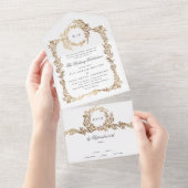 Monogram Gouden Folie Crest Classic Elegant Bruilo All In One Uitnodiging (Afscheurbaar)