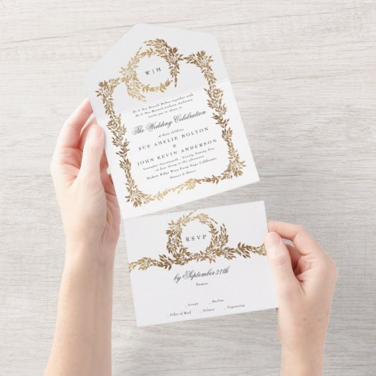 Monogram Gouden Folie Crest Classic Elegant Bruilo All In One Uitnodiging (Afscheurbaar)