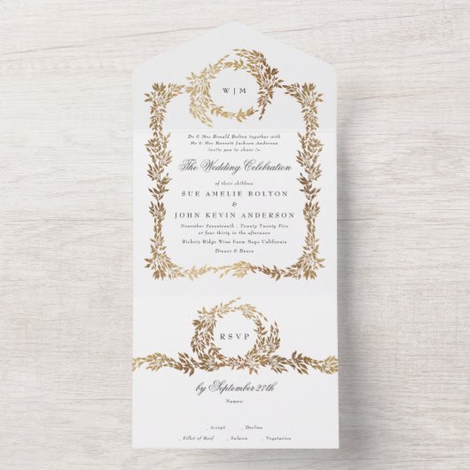 Monogram Gouden Folie Crest Classic Elegant Bruilo All In One Uitnodiging (Binnen)