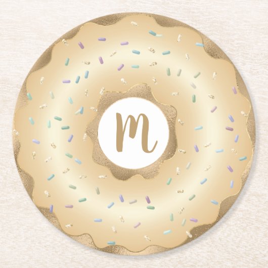 Monogram gouden folie donut script vet luxe ronde kartonnen onderzetter (Voorkant)