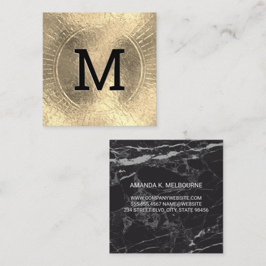 Monogram | Gouden Folie| Zwarte Marmer Vierkante Visitekaartje (Voorkant / Achterkant)