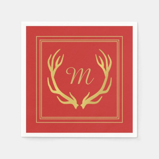 Monogram gouden gewei kerstpapier servet | Red (Voorkant)