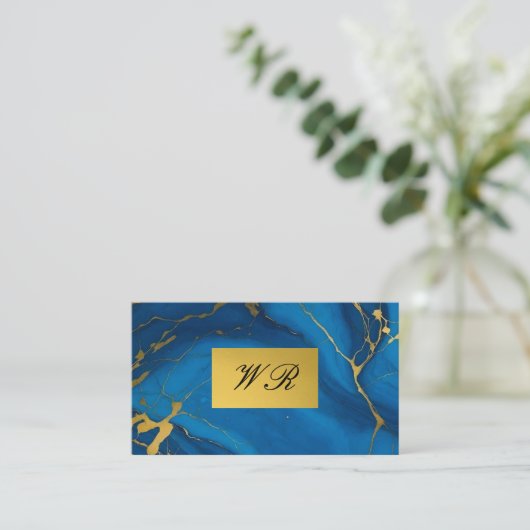 Monogram gouden glitter blauw marmer visitekaartje (Staand voorkant)