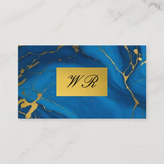 Monogram gouden glitter blauw marmer visitekaartje (Voorkant)