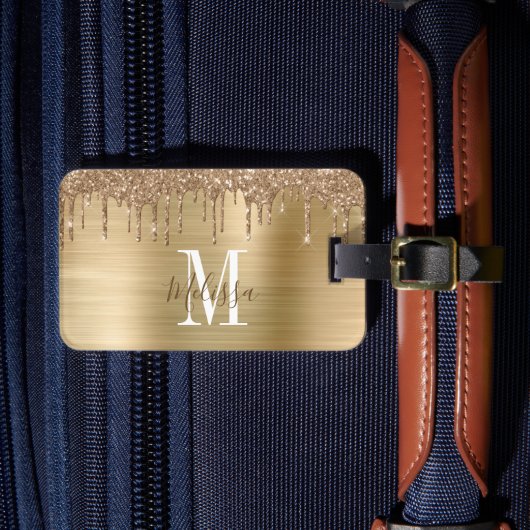 Monogram Gouden Glitter Drip Geborsteld Metaal Bagagelabel (Voorkant Insitu 4)
