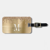 Monogram Gouden Glitter Drip Geborsteld Metaal Bagagelabel (Voorkant horizontaal)